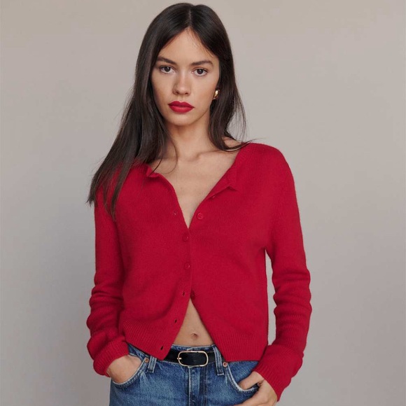 Reformation Clara Cashmere Crew Cardigan in Cherry - Picture 5 of 12